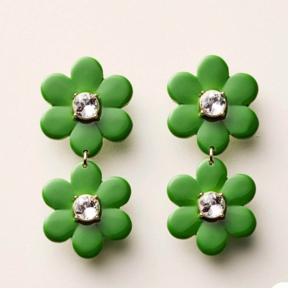 Kate‎ Spade New York Flower Charm Dangle Earrings Green Crystal Accent